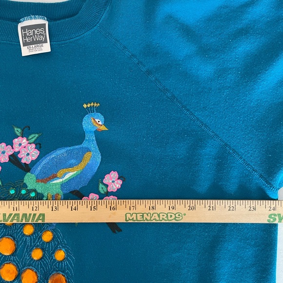 Vintage Teal Peacock Sweatshirt Hanes Her Way Size XXL Made In USA Glitter Jewel - Picture 8 of 10